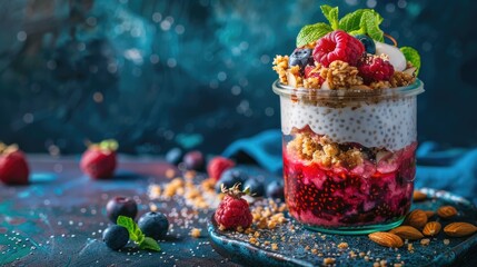 Chia seed pudding parfait served in a glass jar. Layered creamy coconut milk chia pudding with berry compote, coconut yogurt and crushed almonds or granola. Healthy breakfast, dessert
