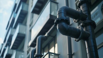 Modern building construction, such as condominiums, requires a safe and clean watering system with black manageable water pipes. - obrazy, fototapety, plakaty