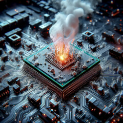 The microprocessor on the motherboard with chips melted due to overheating.