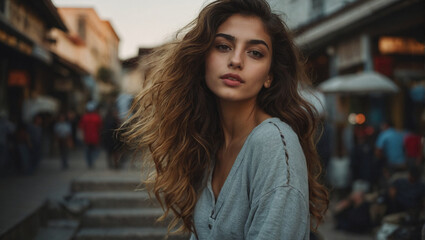 Portrait of a beautiful young brunette turkish middle eastern european model woman urban setting   - obrazy, fototapety, plakaty