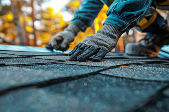 A close-up image of a home repair, focusing on a roofer installing shingles on a roof.