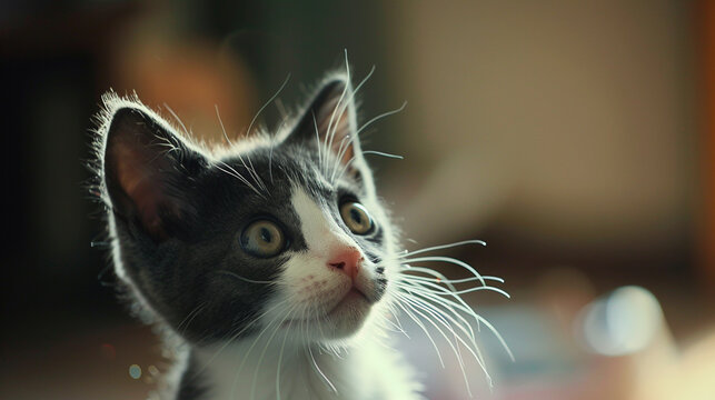 A cute gray and white tuxedo cat looking curiously to the side.