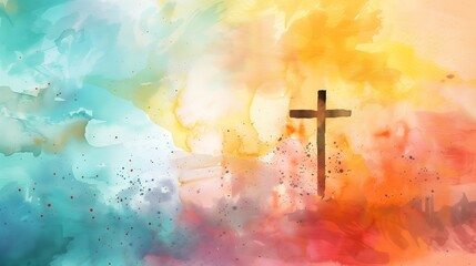 Cross of Jesus Christ on a colorful watercolor background