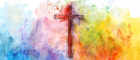 Cross of Jesus Christ on a colorful watercolor background