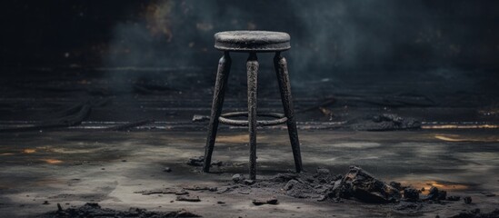 A wooden stool is placed on the floor in a dimly lit room, creating a visual arts scene reminiscent of still life photography. The darkness enhances the intricate patterns carved into the stool - obrazy, fototapety, plakaty