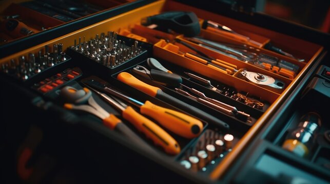Toolbox, tools kit detail close up. instruments. set of tools. car tool kit. tool set background.