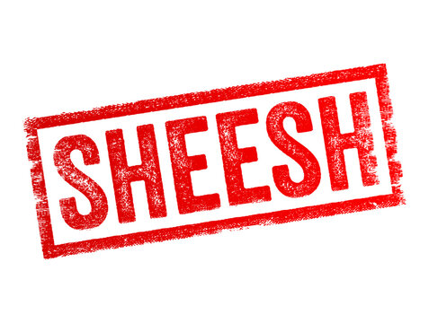 Sheesh is an exclamation used in slang to express a range of emotions, typically including surprise, frustration, annoyance, or disbelief, text concept stamp