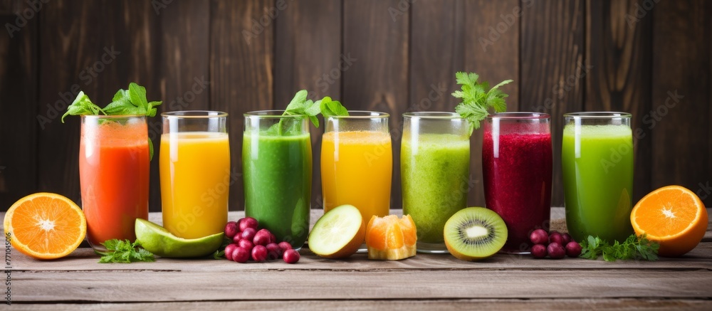 Poster an assortment of fruit juices is displayed on a rustic wooden table. the colorful lineup includes re