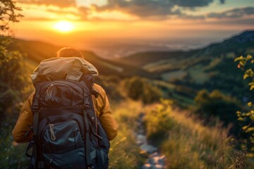 Hiker with backpack admiring the sunset over mountain landscape, concept of adventure and serene escapism travel tourism  - obrazy, fototapety, plakaty