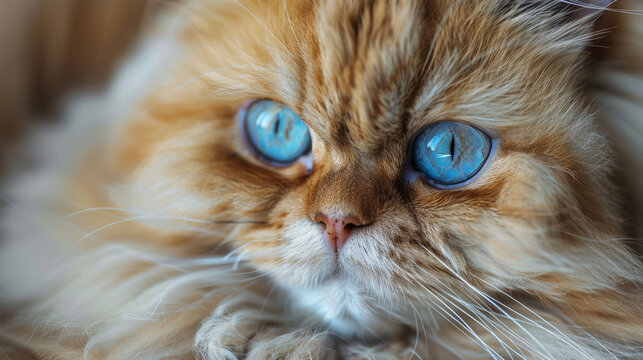 A fluffy Persian cat with mesmerizing blue eyes and a serene expression.