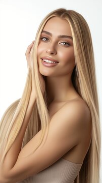 Woman showcasing blonde sleek, shiny hair post-shampoo. Portrait of beauty and haircare.
