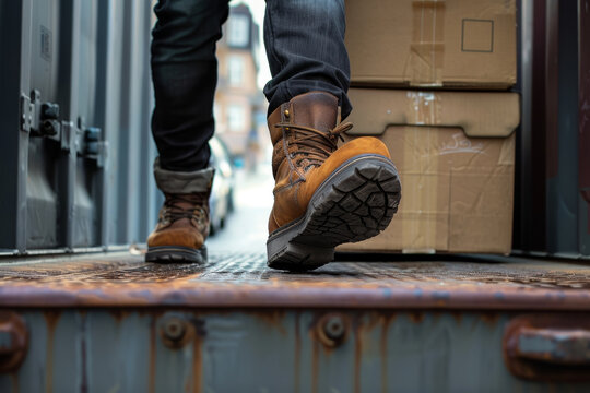 A close-up shot of a mover boots, stepping down from the container truck with a box in hand.