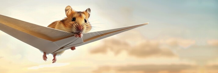 heartwarming horizontal banner photo of an adorable hamster perched on a flying paper plane against...