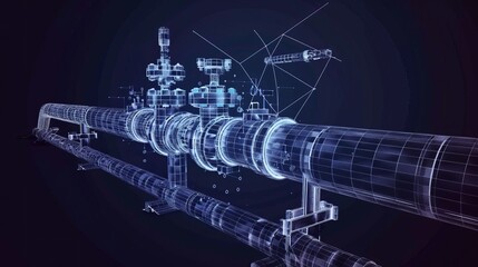 Business concept for an oil pipeline with a valve. Transportation line for the petroleum fuel industry. Vector illustration of a low poly mesh wiring frame. - obrazy, fototapety, plakaty
