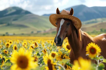 Zelfklevend Fotobehang Charming horse wearing a straw hat in a sunflower field with mountains in the background, humorous and whimsical animal portrait © Aksana