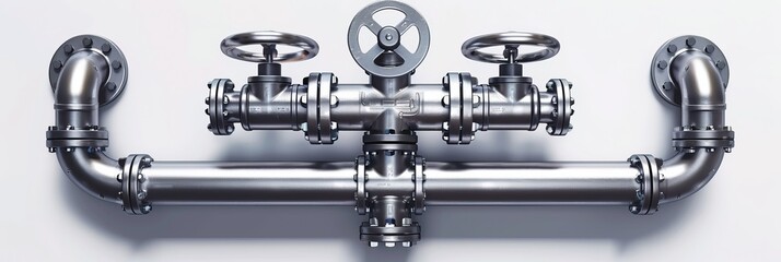 Realistic piping system, fittings, and a pipe with a ball valve. Industrial faucet for sewage, gas, oil, and water pipelines. Plumbing pressure technology in construction. 3d vector illustration
