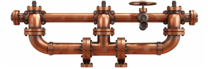 Realistic piping system, fittings, and a pipe with a ball valve. Industrial faucet for sewage, gas, oil, and water pipelines. Plumbing pressure technology in construction. 3d vector illustration