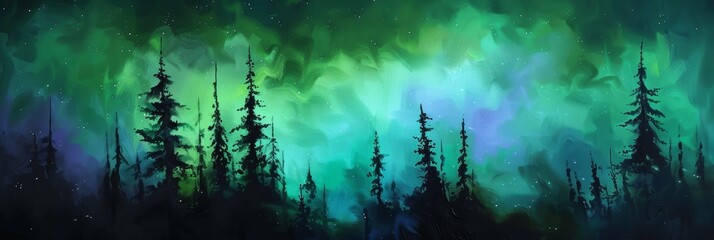 Vibrant aurora borealis illustration with silhouetted pine trees in a serene, mystical nighttime landscape, copy space aurora borealis, night sky, nature, mystery, silence