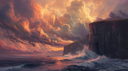 A majestic coastal cliff with crashing waves below, under a dramatic sky painted with hues of orange and pink - obrazy, fototapety, plakaty
