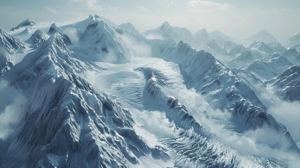 A majestic glacier winding its way down a rugged mountain slope, with icy blue crevasses and jagged peaks
