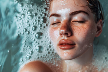 A woman is in a bathtub with bubbles and her face is visible. She is relaxed and enjoying the bubbles