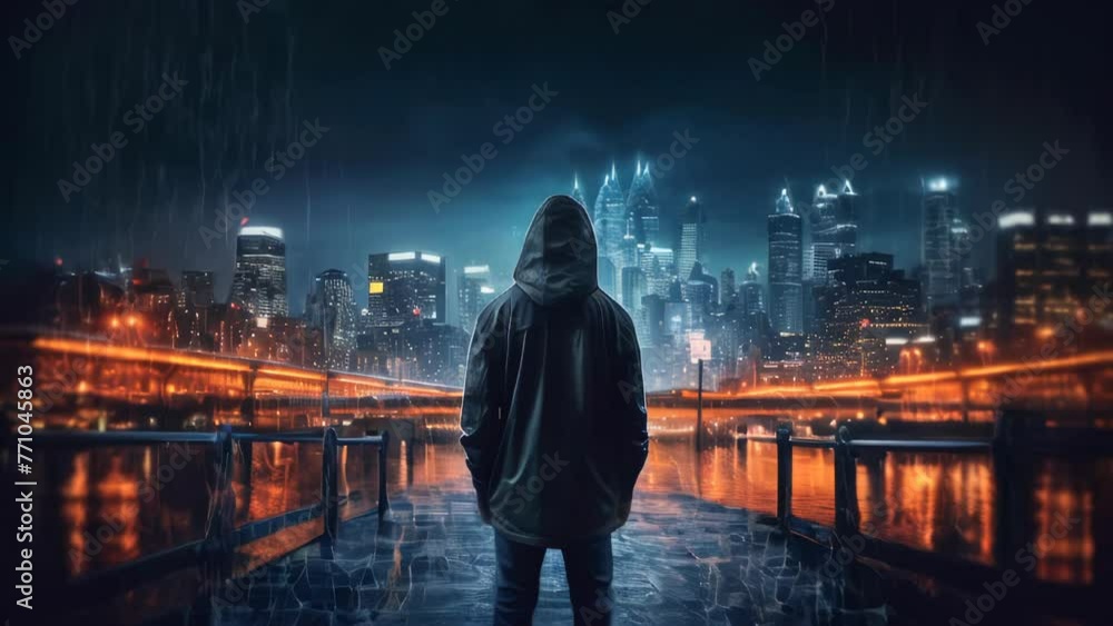 Aufkleber hacker computer cybercriminal criminal with a jacket and a hood on the background of a big city at n