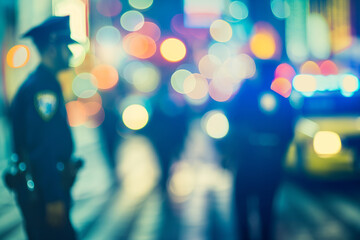 police officer guarding outside busy street bokeh, blurry background