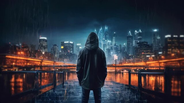 Hacker computer cybercriminal criminal with a jacket and a hood on the background of a big city at night. Concept computer data security