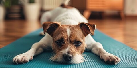 Dog laying on yoga mat - obrazy, fototapety, plakaty