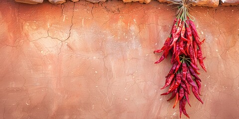 Red chili peppers hanging on a cement wall