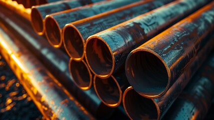 Group of steel pipes for industrial materials Engineered construction product; iron tubes; industrial warehouse; machinery - obrazy, fototapety, plakaty