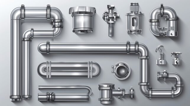 Stainless steel, metallic pipes, plumbing fittings.3D realistic vector illustration set of water, fuel, or gas supply system,oil refinery industry pipeline,house sewer bolted sections, isolated parts.