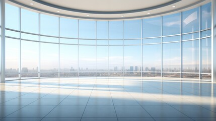 Empty modern round business office with panoramic windows and urban background. Concept of contemporary architecture, corporate spaces, and business environments.
