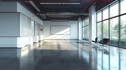 Fototapeta premium Contemporary empty office space with expansive windows and metropolitan backdrop. Concept of corporate efficiency, modern architecture, and open workspaces.