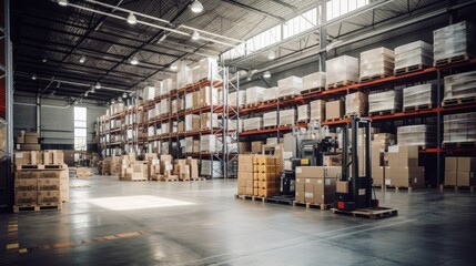 Well-ordered warehouse with rows of shelves filled with boxes. Concept of warehousing, goods storage, and orderly logistics.