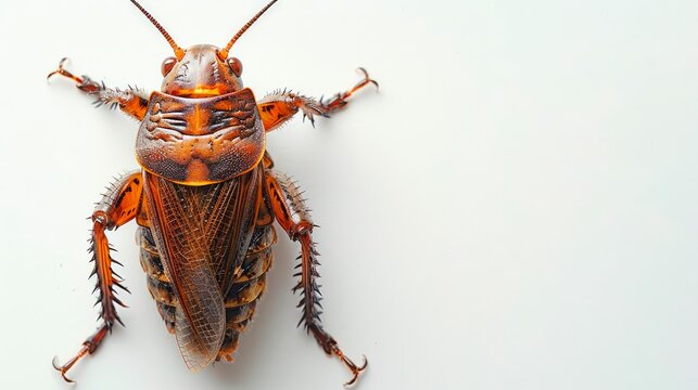 Mole cricket isolated on a white backdrop. Detailed European Gryllotalpa. Concept of entomology, soil ecosystem, and biological pest management. Copy space
