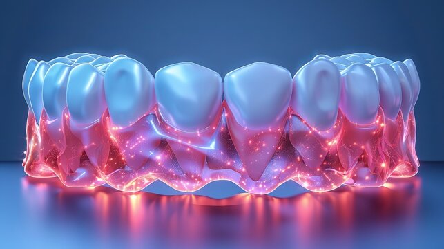 Representing tooth whitening, this realistic 3D vector illustration emphasizes the concept of white teeth with a glowing effect.