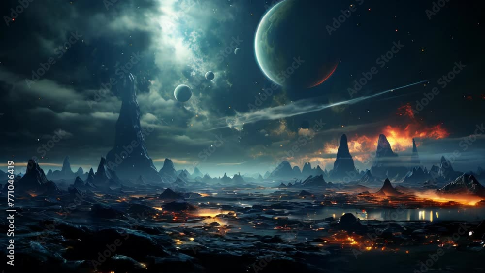 Poster space scene with futuristic planet surface and stars in open space with planets and galaxies