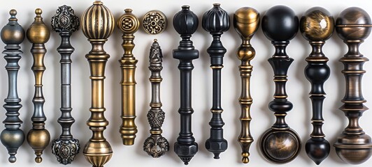 Assorted elegant furniture handles and knobs. Variety of classic and antique designs against a white backdrop. Concept of interior design variety, furniture restoration, decorative detailing. Top view - obrazy, fototapety, plakaty