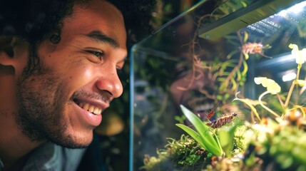 Man admiring a beetle in a terrarium. Happy observer watching insect life. Concept of biological interest, hobbyist entomologist, nature interaction, and learning about insects. - obrazy, fototapety, plakaty