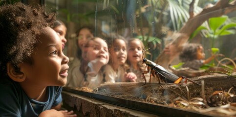 Curious African American kids watching cockroach display. Youngsters fascinated by entomology in a museum setting. Concept of learning, childhood wonder, entomological exhibit, educational activities