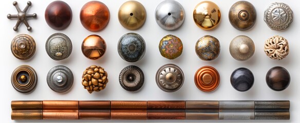Collection of decorative furniture handles in mixed finishes. Ornate metal knobs and pulls on white surface. Concept of cabinetry hardware, interior design variety, home fittings. Top view
