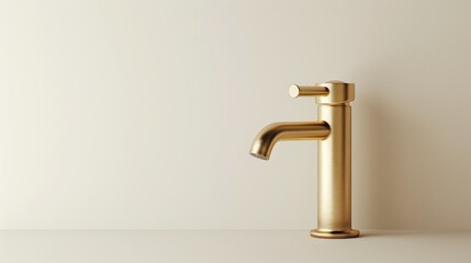 Minimalist water tap with a matte golden finish, against a light background. Modern faucet design. Concept of modern plumbing, kitchen design, elegant fixtures, and clean lines - obrazy, fototapety, plakaty