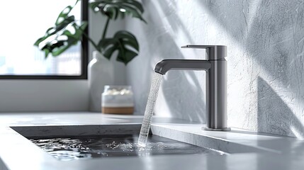 Chrome basin faucet with water running into a sink. Shiny modern tap in a bathroom interior. Concept of cleanliness, water usage, and contemporary design. - obrazy, fototapety, plakaty