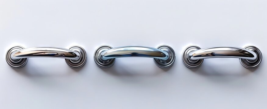 Chrome cabinet handles on white background. Sleek kitchen pull knobs in modern home. Concept of drawer handles, luxurious kitchen design, contemporary fixtures. Top view