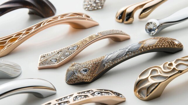Ornate furniture handles embedded with crystals and gold accents. High-end cabinetry pulls showcasing intricate craftsmanship. Concept of lavish interior design, decorative elements, premium fittings.