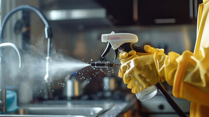 Hand in yellow gloves spraying disinfectant in kitchen. Cleaning service fighting pests. Concept of household sanitation, pest control, and professional extermination.