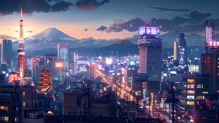 Illuminated Skyline: An Enchanting Blend of Modern and Traditional City Life in Japan