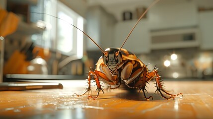 Cockroach on kitchen floor. Domestic pest in a home environment. Concept of home hygiene, pest infestation, and domestic cleanliness. - obrazy, fototapety, plakaty