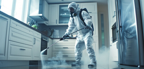 Pest control specialist exterminating cockroaches with precision. Detailed disinfection service in a kitchen. Concept of targeted pest elimination, hygiene maintenance, and expert sanitation.
